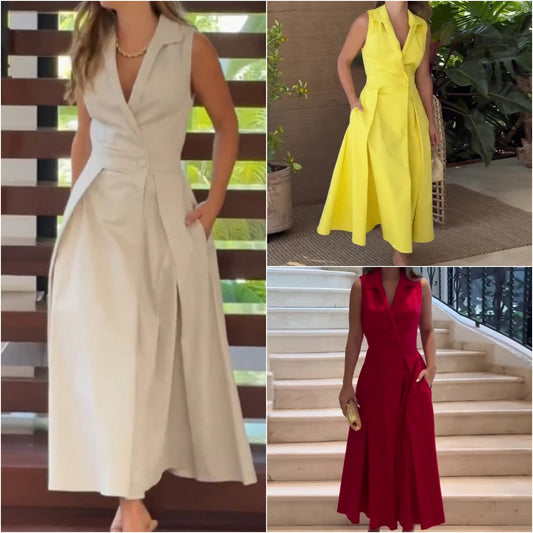 Sleeveless Solid Color Lapel Midi Dresses