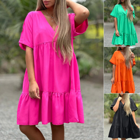 Summer Hot Sale🌷V Neck Ruffle Hem Babydoll Dress