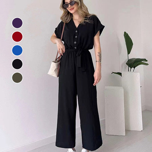 💖Women's V-Neck Short Sleeve Casual Jumpsuit