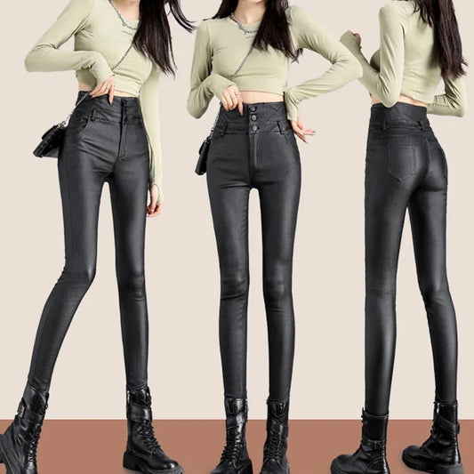 Nice Gift! 3-button Quilted Matte Leather Leggings for Women