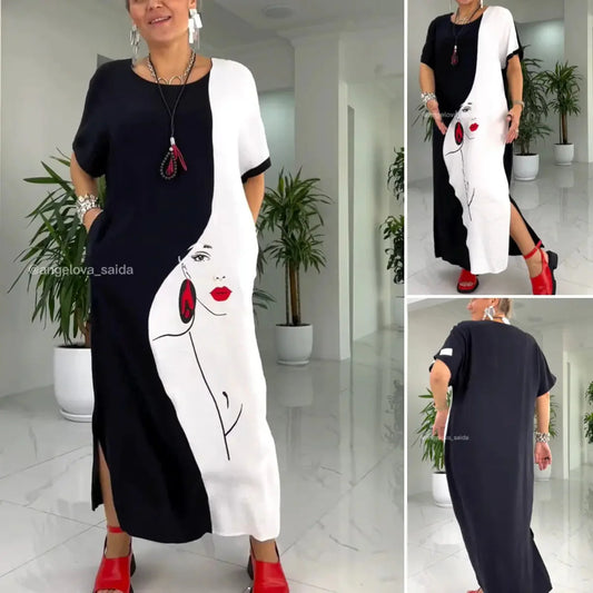 Lovely Black White Abstract Face Print Loose Maxi Dress