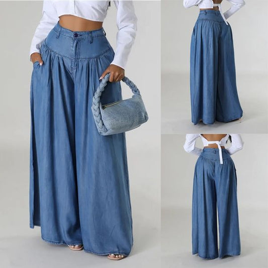 High Waist Zipper Wide Leg Denim Women Pants