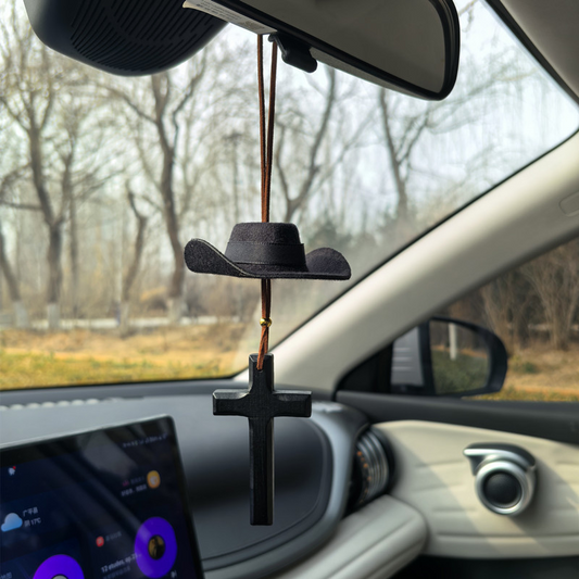 🤠 50% OFF NOW! ✨ Cowboy Hat & Cross Car Charm – Religious Car Decor, Durable Metal & Easy Clip-On 🚗⛪