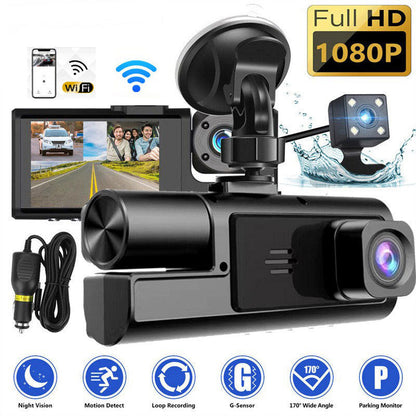 🚗🎥 52% OFF! Dash Cam 3 Cameras 1080P HD – Front + Interior + Rear with Reverse 🔥