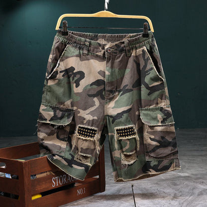 🔥2026 New Arrival ＆ Hot Sale ＆ 50％ Off🔥 Men's Studded Camo Cargo Shorts – Distressed, Multi-Pocket & Elastic Waist – Rugged Streetwear Cargo Shorts 🛹