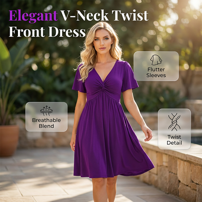 🎁2026 New Arrivals 50% OFF💥Elegant V-Neck Twist Front Dress with Pockets – Flattering ruched waist, breathable & flowy – perfect for work, weddings or date nights – chic and functional 💃