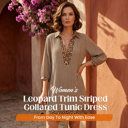 🌸 50% OFF NOW! 🌸Women's Leopard Trim Striped Collared Tunic Dress