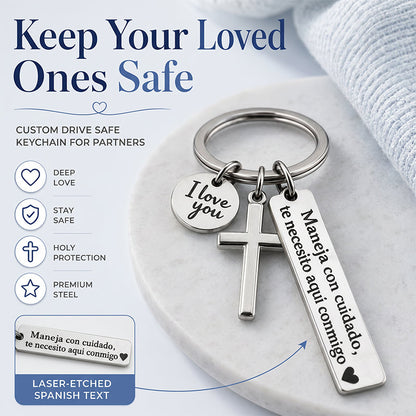🔥While Supplies Last 40% OFF!🎉 Stainless Steel Cross Keychain – ‘Drive Safe’ Blessing❤️🙏