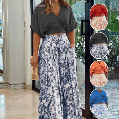👗 LIMITED-TIME 50% OFF! 💥 Elegant Ladies Two Piece Set – V-Neck Top, Wide Leg Pants, Timeless Print ✨