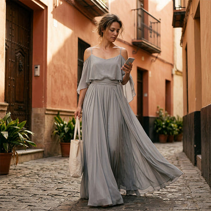 👗 LIMITED-TIME 50% OFF! 💥 Women's Elegant Cold Shoulder Flowy Maxi Dress – Off-Shoulder, Cinched Waist, Spaghetti Straps ✨