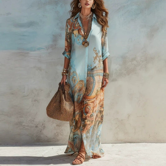 🎁New Arrival 50% OFF💥Elegant Retro Print Maxi Dress | Boho V-Neck Button-Down Flowy Gown | Breathable Summer Beach Holiday Dress