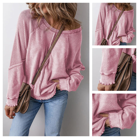 📢📢50% OFF !! Women's Waffle Knit Long Sleeve Top | Casual Round Neck & Loose Fit Pullover | Soft Wrinkle-Resistant Basic Tee for Office & Weekend